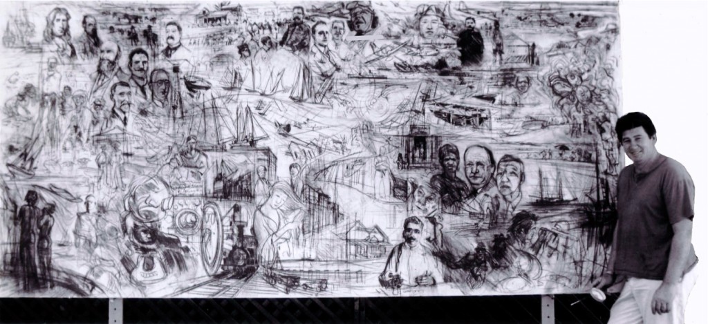 The birth of the Broome Odyssey: the original charcoal sketch on canvas, with artist James Baines, 1989.