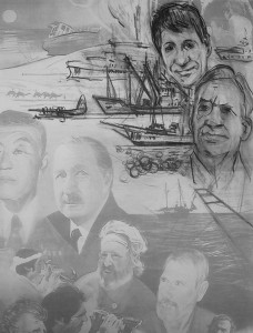 Charcoal sketch of Nick Paspaley and his father as ships from the Paspaley fleet, in preparationto be added to the Broome Odyssey painting